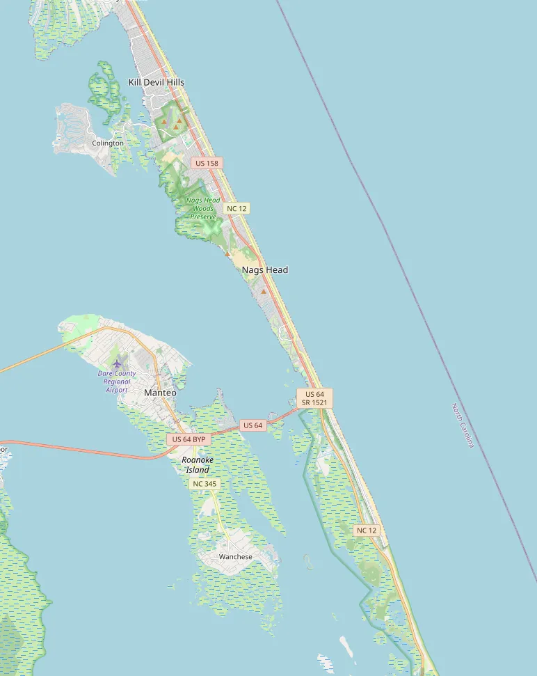 Map of the hotel and selected nearby places: Blue Heron Motel; Wright Brothers National Memorial, Jockey’s Ridge State Park, Jennette’s Pier, Bodie Island Lighthouse